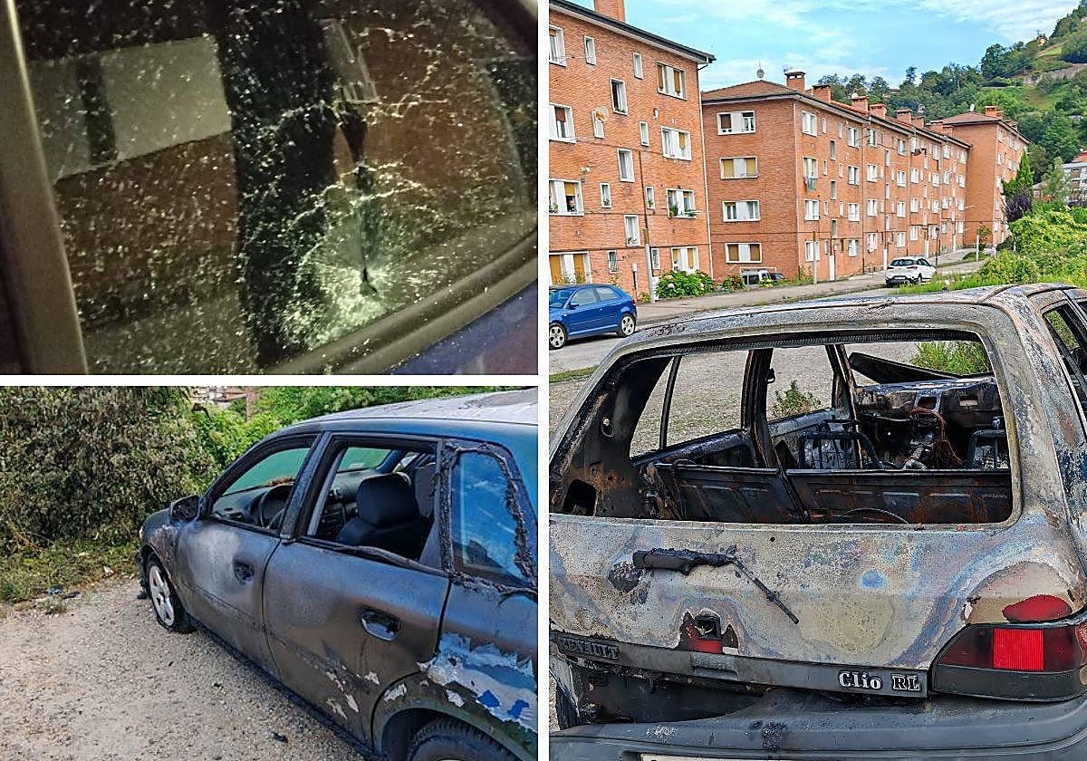 Un coche calcinado y destrozos en varios vehículos en el barrio de El Serrallo en Sotrondio