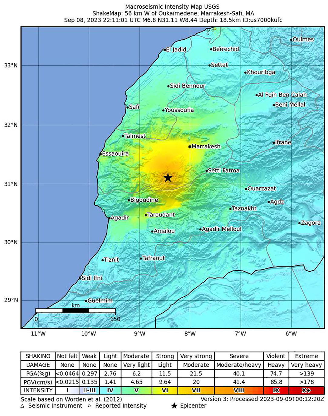 La ubicación del terremoto de magnitud 6,8 ​​en Marruecos.
