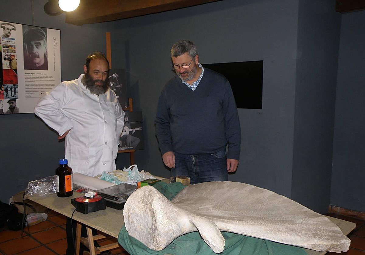 los investigadores José Antonio Pis Millán y Carlos Nores, con una escápula de ballena procedente de Toranda (Llanes).