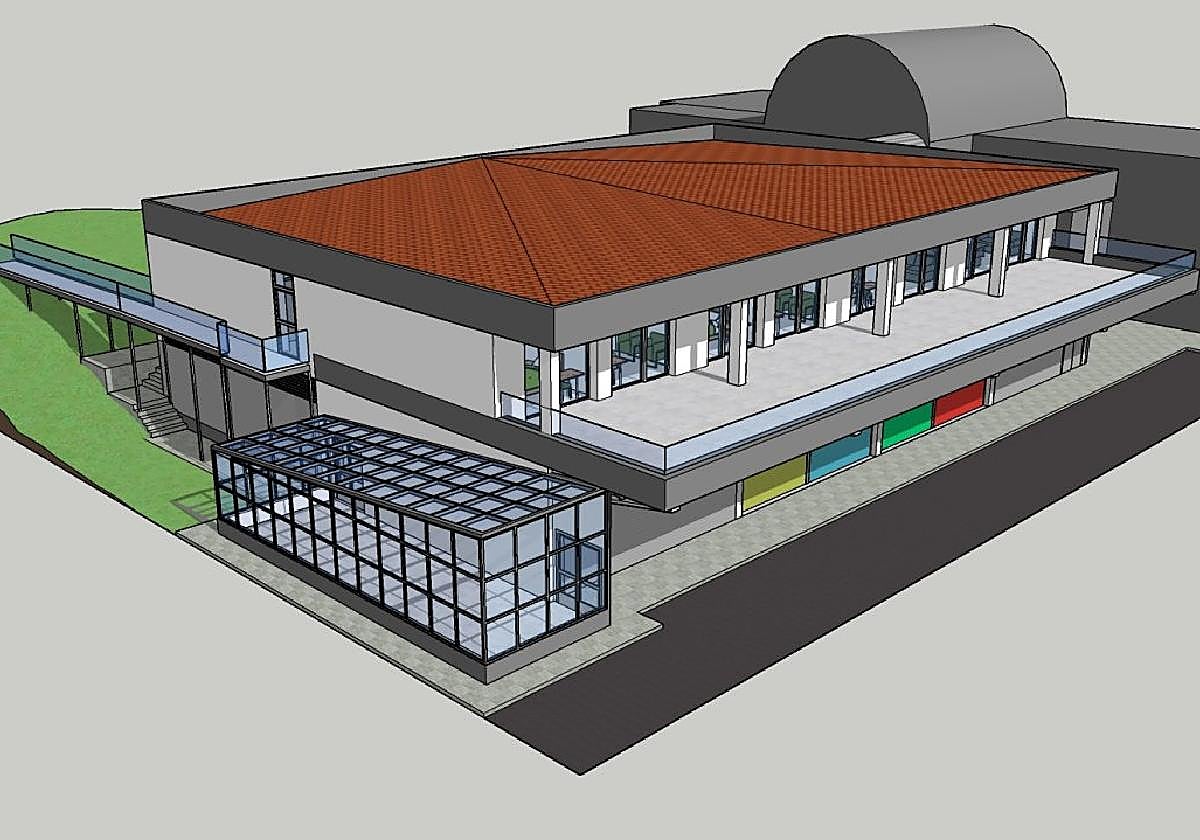 Infografía de cómo será el futuro edificio donde estará el pabellón más la zona de residencia.