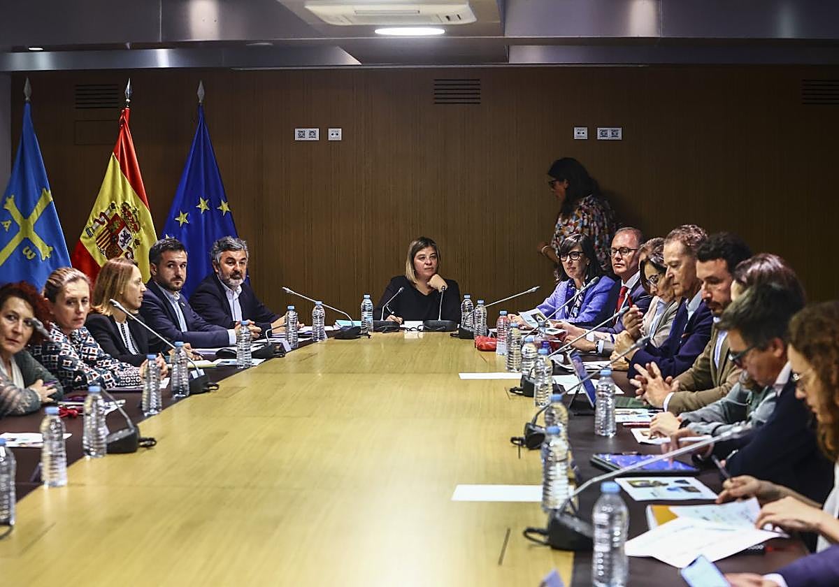 Gimena Llamedo preside la reunión, con representantes de los ayuntamientos, la Fade, las cámaras, los sindicatos UGT y CCOO, la patronal turística Otea y la Universidad.