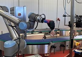 La mano agarra el pollo de la cinta.