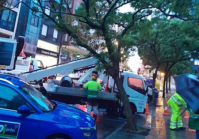 Árbol caído sobre un vehículo en la calle de La Cámara.