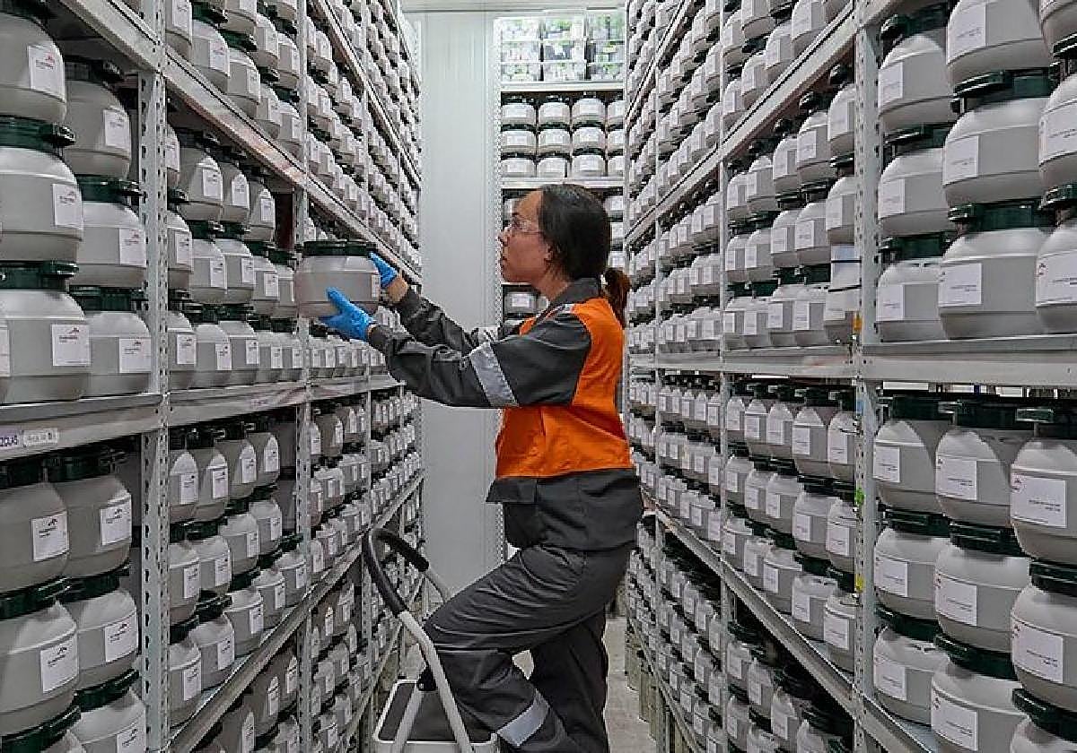 Una trabajadora de Arcelor, entre recipientes que albergan polvo de acero.