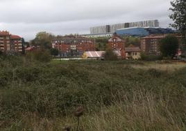 El HUCA se eleva al fondo en una vista desde unas fincas sin urbanizar entre Pontón de Vaqueros y La Estrecha.