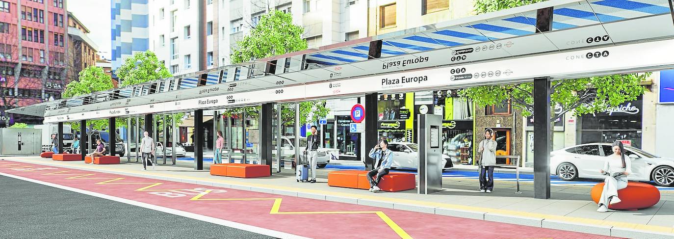 Detalle de la marquesina del Paseo de la Infancia, con el techo de efecto 'espejo', distintos tipos de asiento y una cabina de aseos al fondo. e. c.