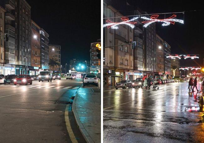 Calle Alcalde Parrondo. A la izquierda, sin ornamentos, una imagen de esta semana. A la derecha, la misma calle, el año pasado.