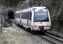 Un tren de Renfe de ancho métrico (la red asociada a Feve), a punto de entrar en el túnel de San Esteban de Nota.