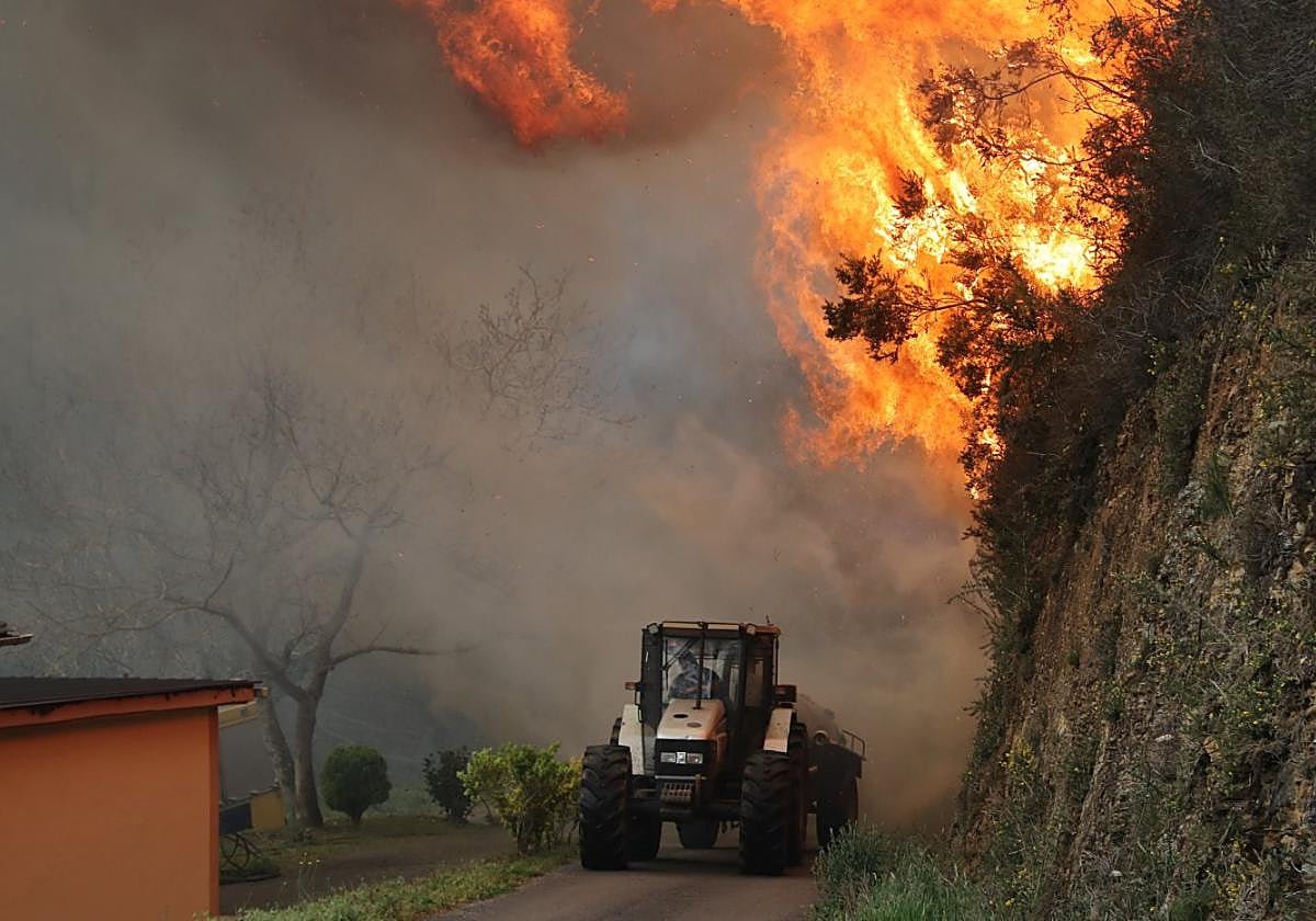 Un tractor rodeado por el fuego en Ovienes (Tineo), localidad afectada por la ola incedios de marzo.