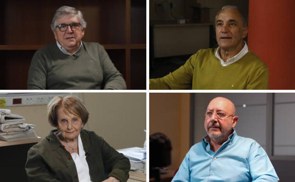 Julio Maese, Joaquín Alonso, Paz Fernández Felgueroso y Pelayo Ortega, durante la grabación del documental en la que participan destacadas personalidades de la ciudad.