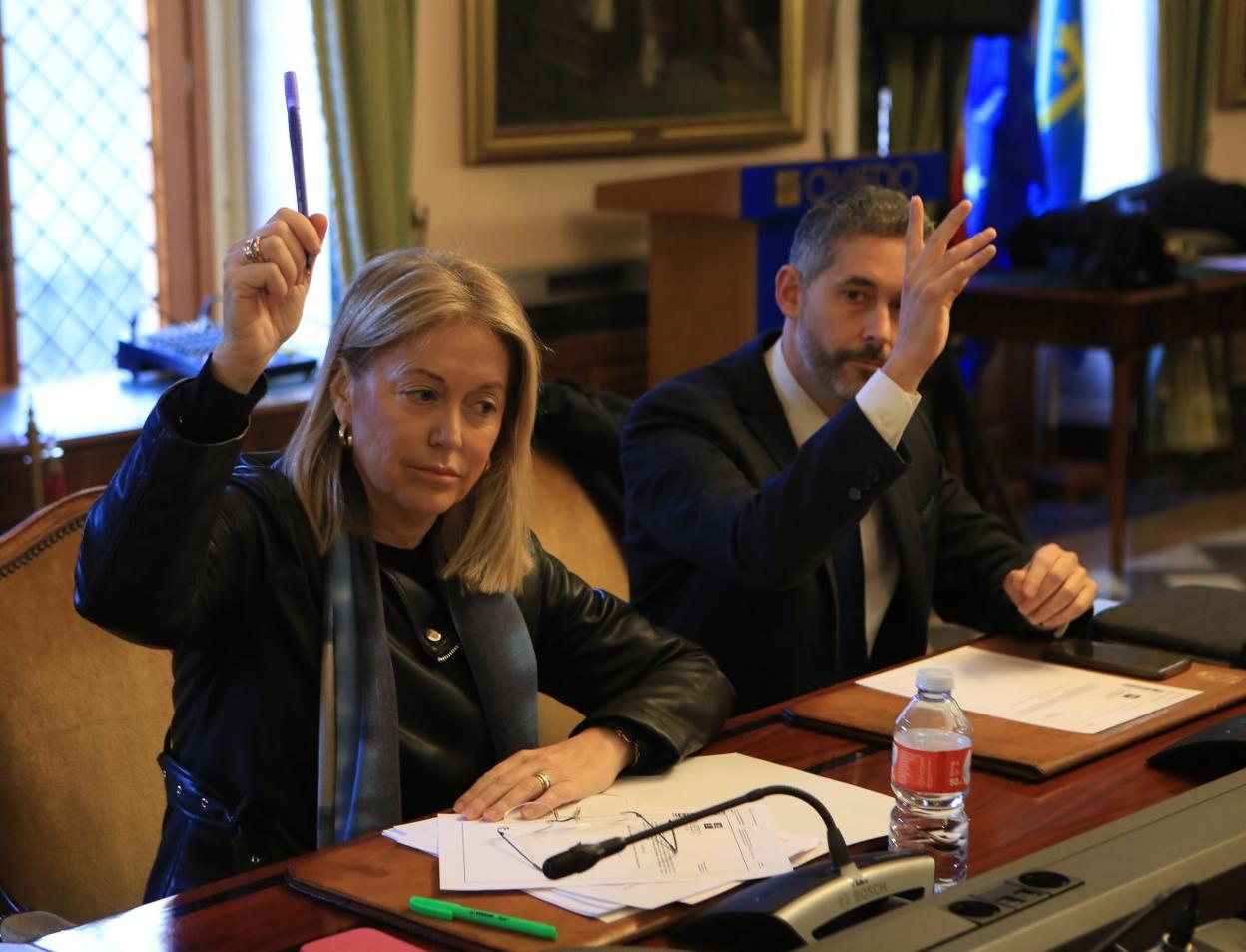 Cristina Coto y Hugo Huerta participan en una de las votaciones del Pleno de ayer. 