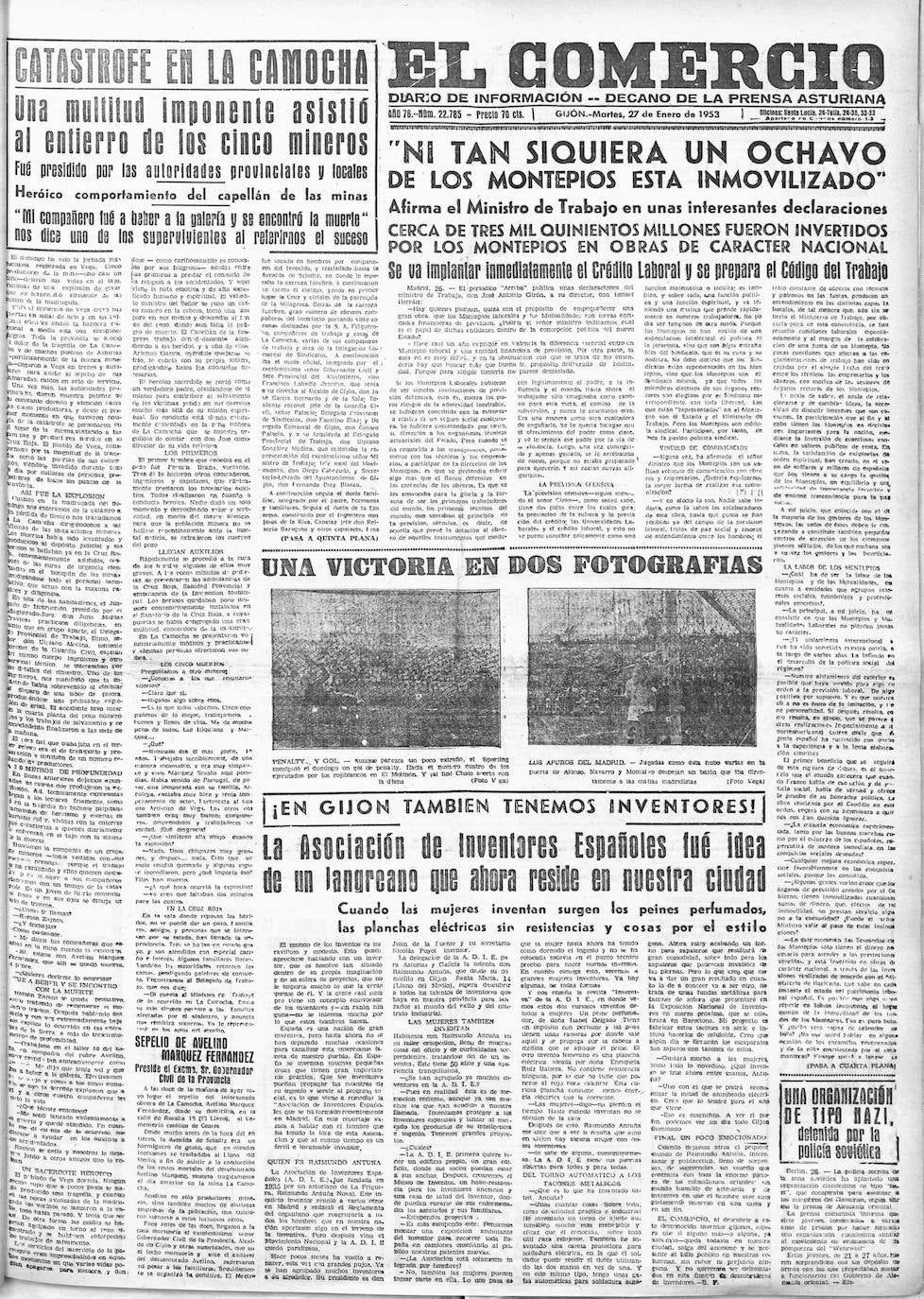 Información publicada por EL COMERCIO sobre el accidente minero ocurrido en La Camocha el 25 de enero de 1953.