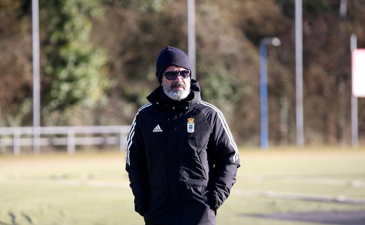 Álvaro Cervera en el entrenamiento del Real Oviedo de esta mañana. 