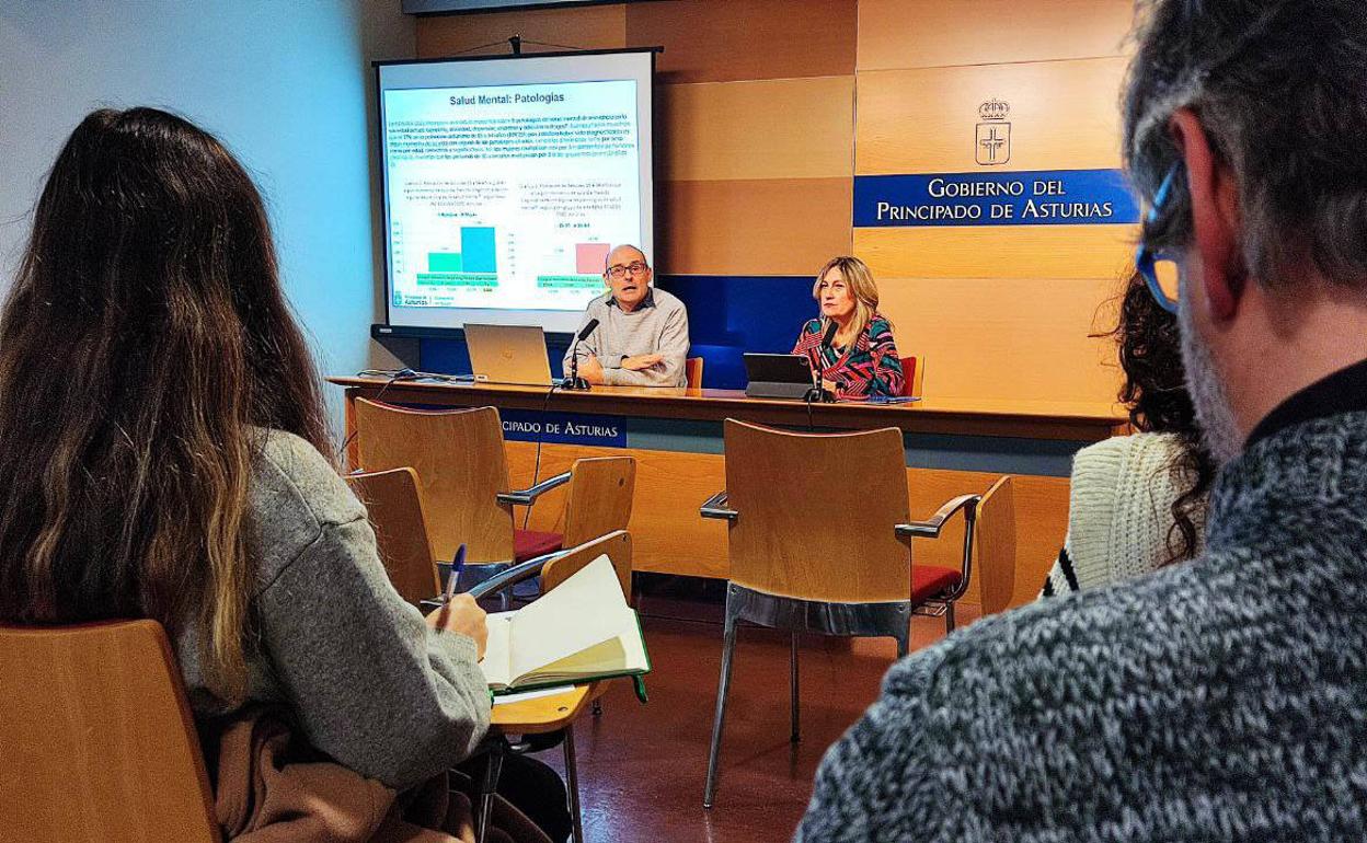 La directora general de Salud Pública, Lidia Clara Rodríguez, y del sociólogo y técnico de Salud Pública, Antón González, en la presentación de la encuesta sobre Alcohol y otras Drogas. 