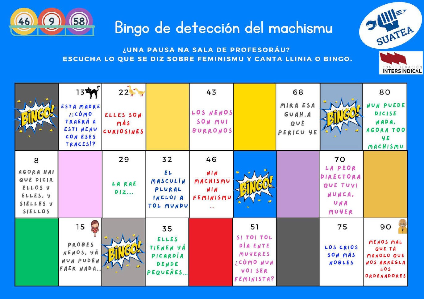 El bingo de detección del machismo creado por el sindicato SUATEA. 