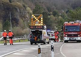 Bomberos y agentes de la Guardia Civil en el lugar del accidente, que se produjo a la altura de Soto de Ribera.