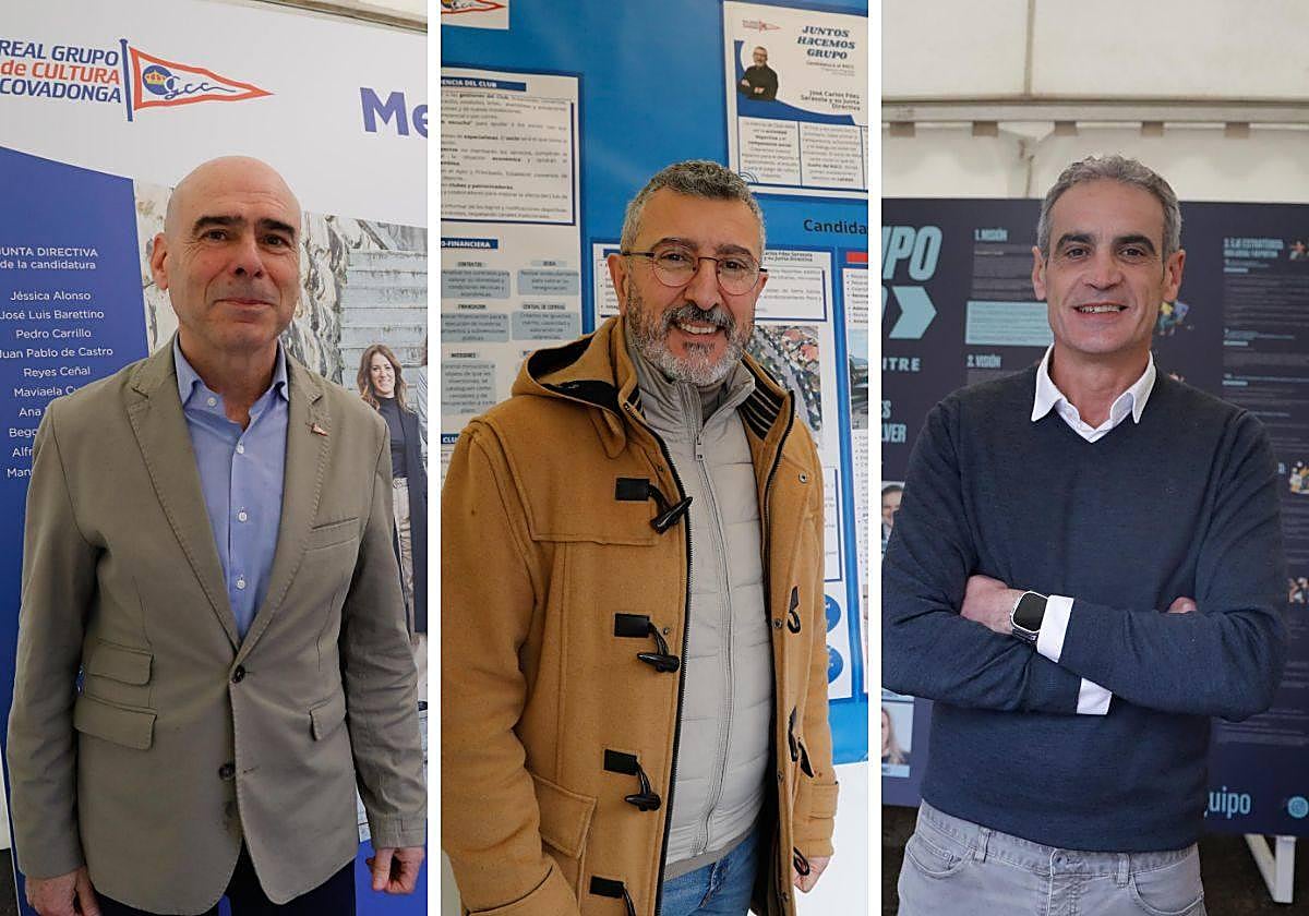 Joaquín Miranda, José Carlos Fernández Sarasola y Luis Mite, en sus carpas en el inicio de la campaña por la presidencia del Real Grupo de Cultura Covadonga.