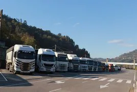 Camiones estacionados en el Centro de Transportes de Mieres.