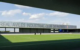 Reproducción digital de cómo se vería el miniestadio, con las oficinas del club detrás.