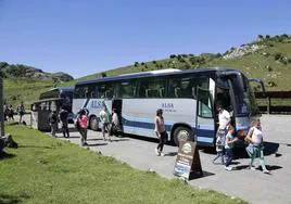 Turistas bajan del autobús para visitar a los Lagos.