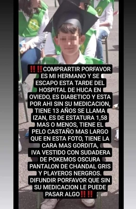 La publicación compartida en redes sociales alertando de su desaparición.