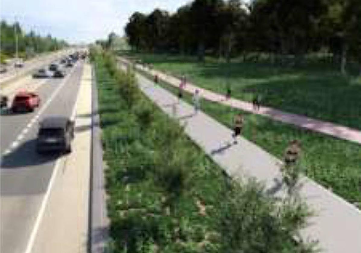 Recreación que recoge el informe de Carreteras y que contempla una vía principal con dos carriles por cada sentido y, a cada lado, sendos carriles unidireccionales para «el tráfico de agitación».