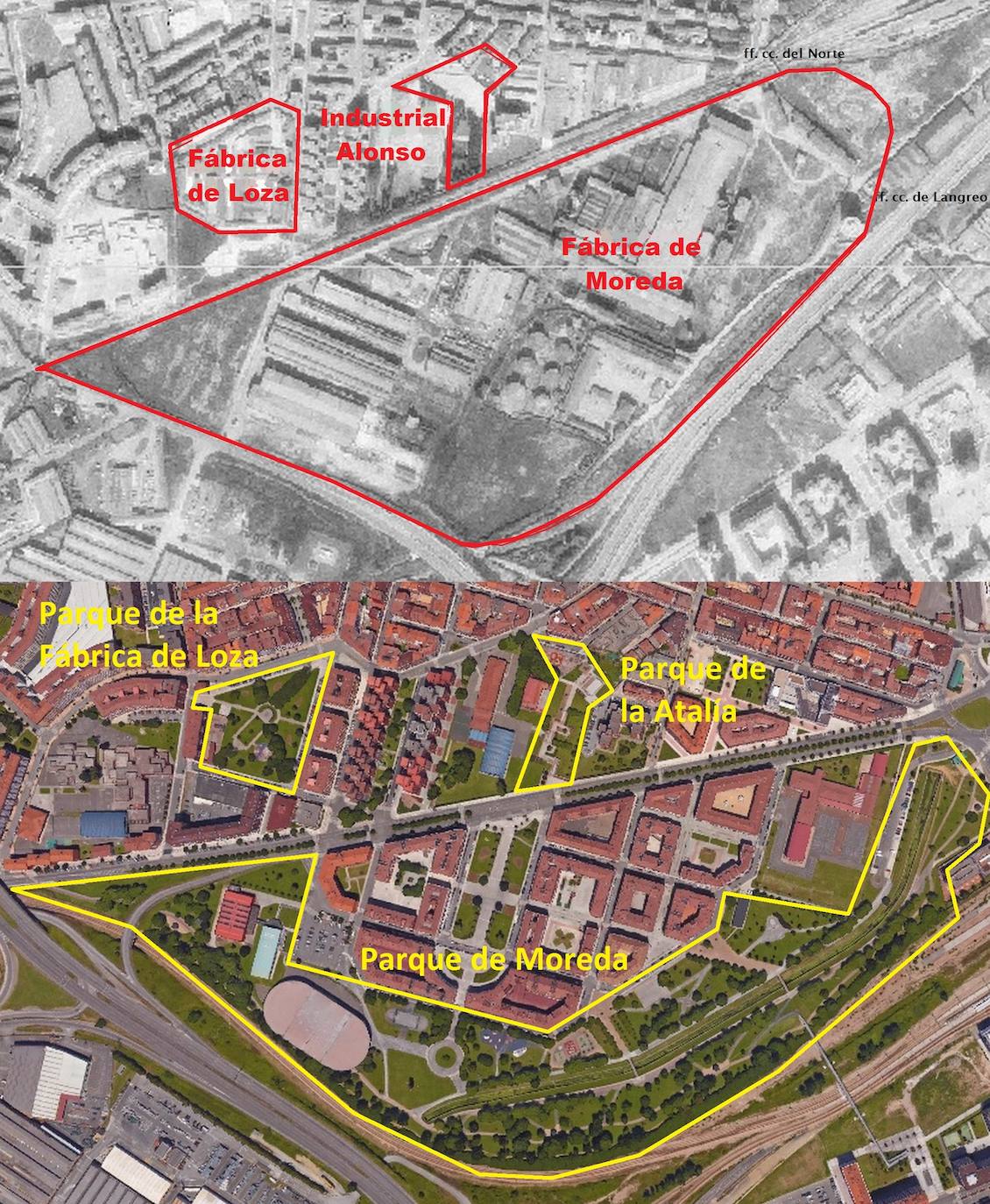 Comparativa georreferenciada de la avenida Juan Carlos I y las fábricas La Asturiana, Moreda, Industrial Alonso y Avello, antes y después de convertirse en parques.