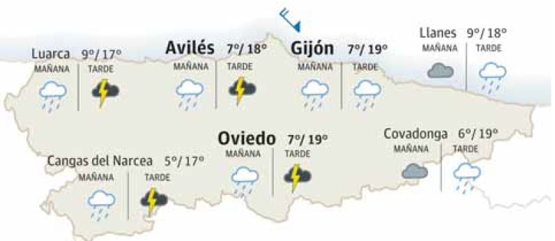 Mapa del tiempo en Asturias.