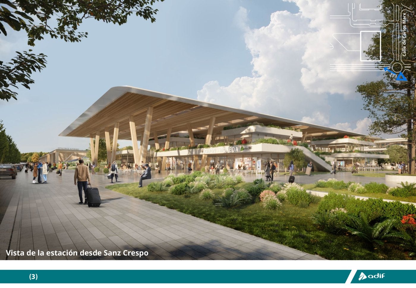La futura estación intermodal de Moreda con una perspectiva de cómo sería la vista desde Sanz Crespo, donde destaca el gran voladizo de la entrada.