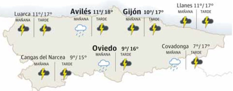 Mapa del tiempo en Asturias.