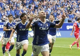 Celebración del gol que marcó el Real Oviedo frente al Espanyol