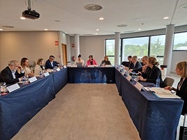 La consejera de Transición Ecológica, Nieves Roqueñí (de rojo en el centro), durante la reunión.