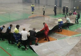 La intensidad de la lluvia y el granizo provocó que en minutos en alguna se filtrase anegándose la pista verde central.