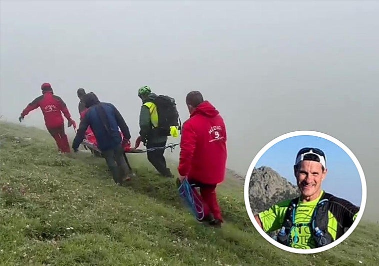 Efectivos de bomberos y agentes de la Guardia Civil portean el cadáver de 'Pepelu', abajo.