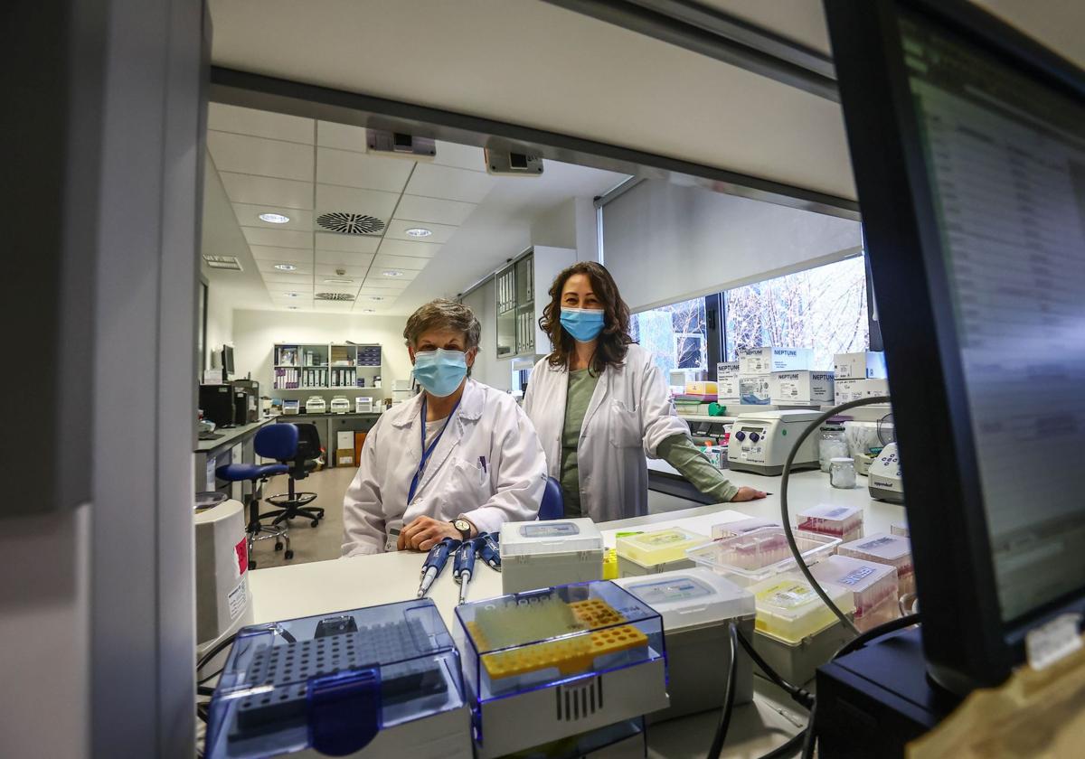 Milagros Balbín Felechosa y Ana Sánchez Pitiot en el laboratorio de Oncología Molecular del HUCA.