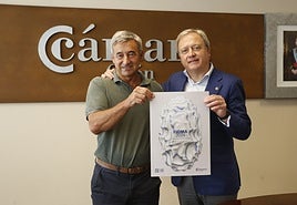 Mario Cueto-Felgueroso, director comercial de la Fidma, y Álvaro Alonso Ordás, director, en la sede de la Cámara de Comercio de Gijón con el cartel de la 67 edición.