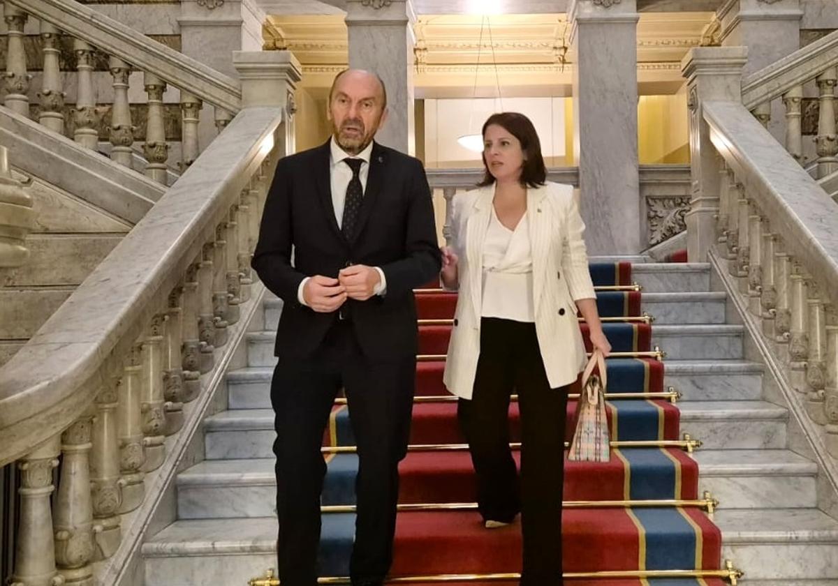 Juan Cofiño, presidente del Parlamento asturiano, y Adriana Lastra, delegada del Gobierno en Asturias, en las escaleras de la sede de la Junta