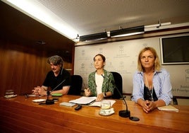 Xabel Vegas (IU-Convocatoria por Asturies), Dolores Carcedo (PSOE) y Covadonga Tomé (Grupo Mixto), en la sala de prensa de la Junta General.