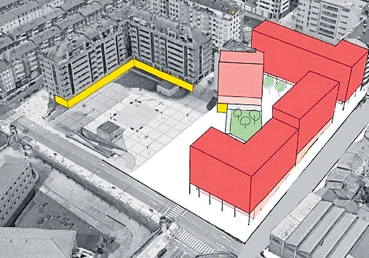 Una infografía con la edificación propuesta, las nuevas zonas verdes y los edificios ya existentes frente al Archivo Histórico de Asturias.
