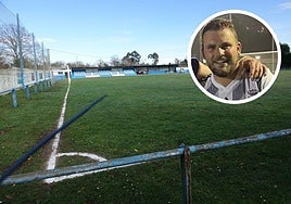 Campo de fútbol Ereba donde Javier Guitián jugó el partido; arriba a la derecha, una imagen de la víctima.