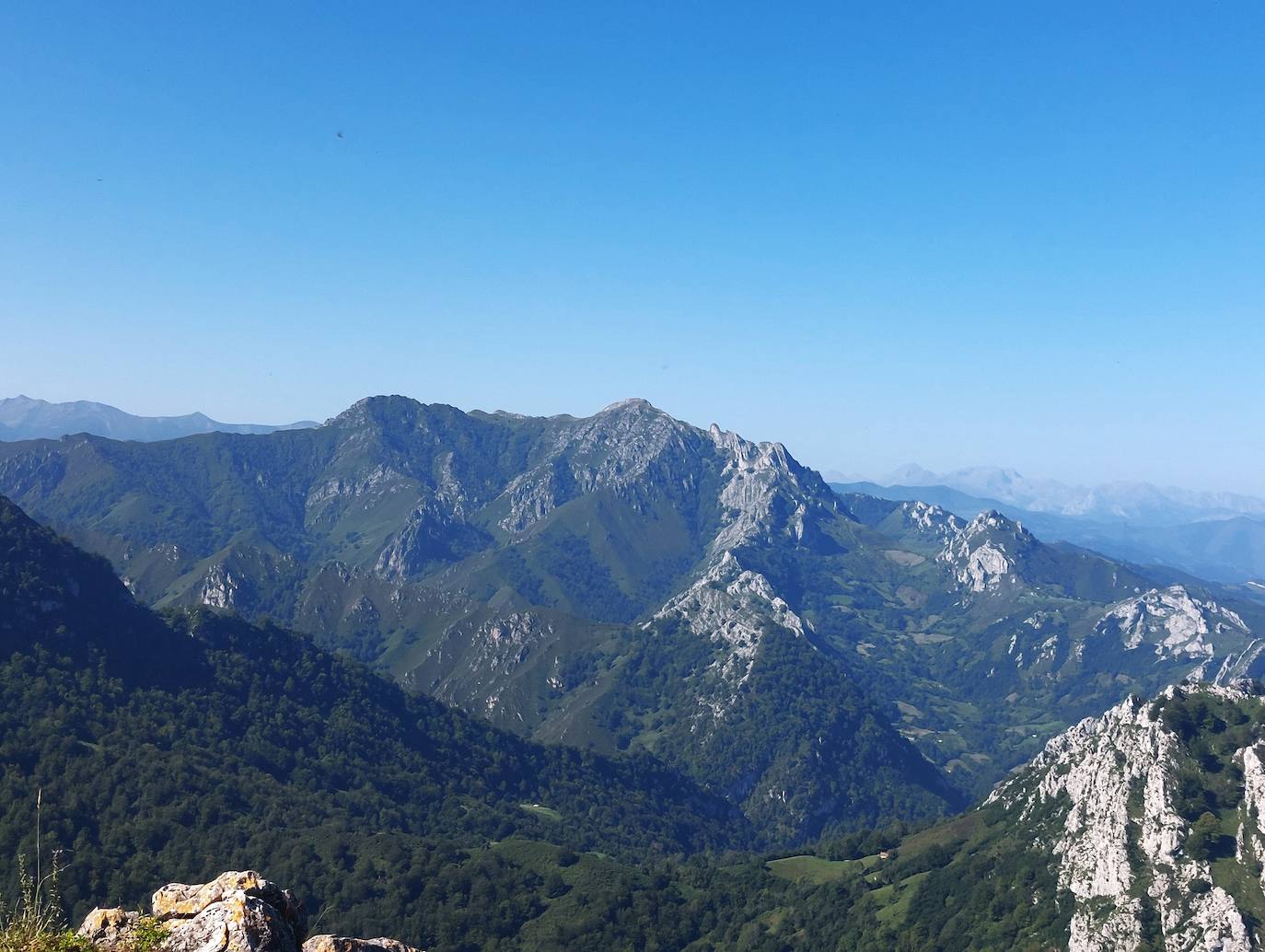 Desde el pico Fueyu las vistas son amplias y un gusto: los bosques,los valles y montes como Peñas Negras o Peña Mea se contemplan de lujo desde sus alturas.