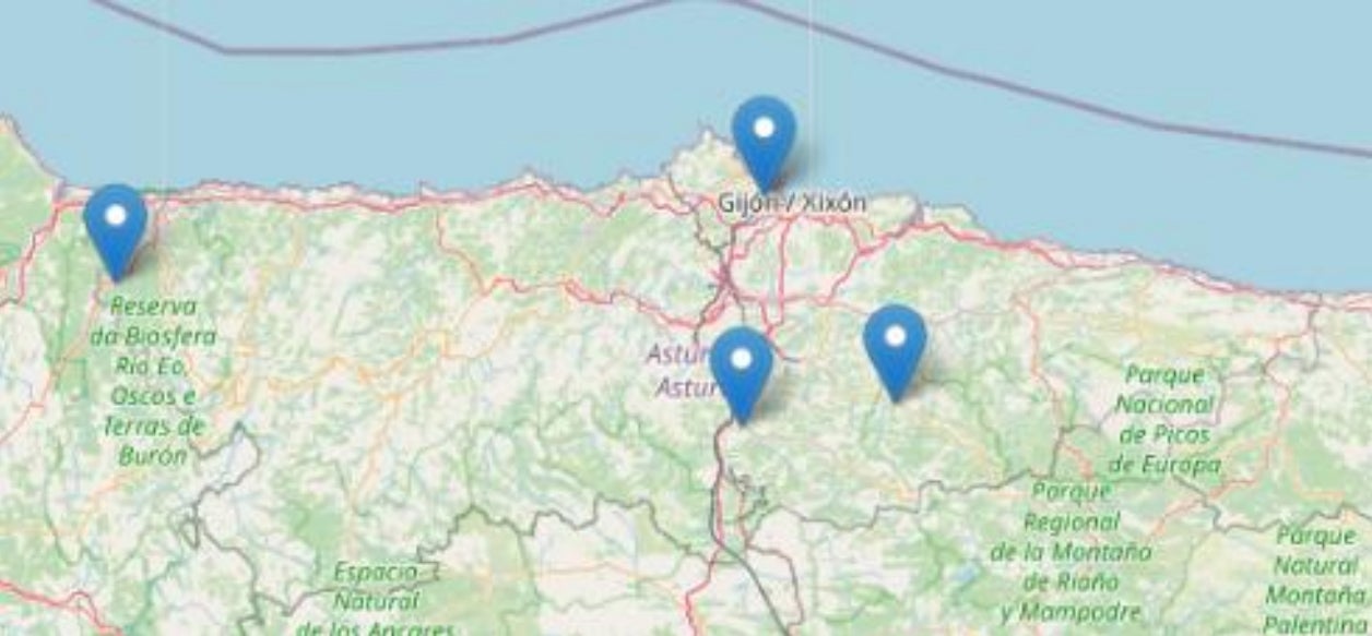 Ubicación de los accidentes mortales ocurridos entre julio y agosto en las carreteras asturianas.