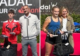 Darío Carballal, con su trofeo, y el presidente de la Federación Asturiana, Fernando Castaño. En la imagen de la derecha, Iris Álvarez recibió su trofeo de manos de la vicepresidenta del Grupo Covadonga Elena Martín.