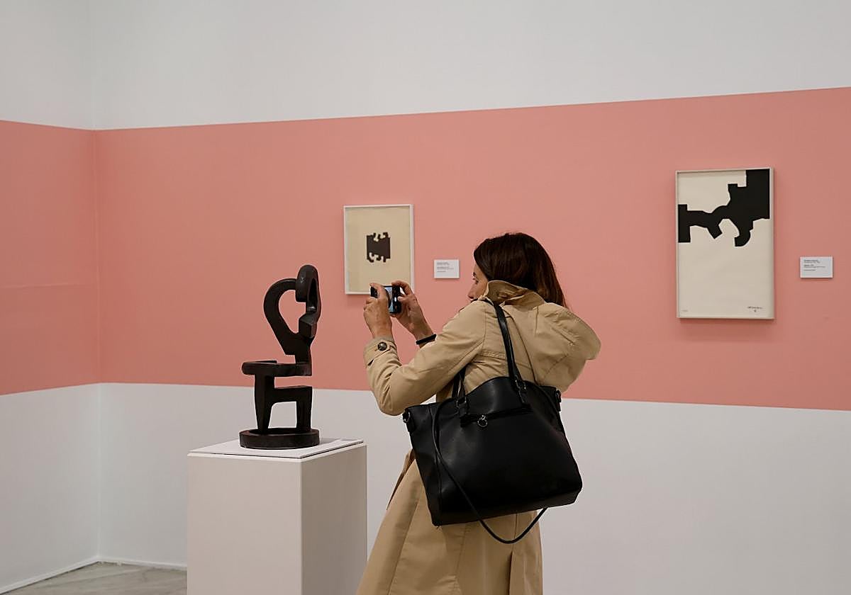 Una visitante toma una fotografía a una de las esculturas que se exhibe en Oviedo.