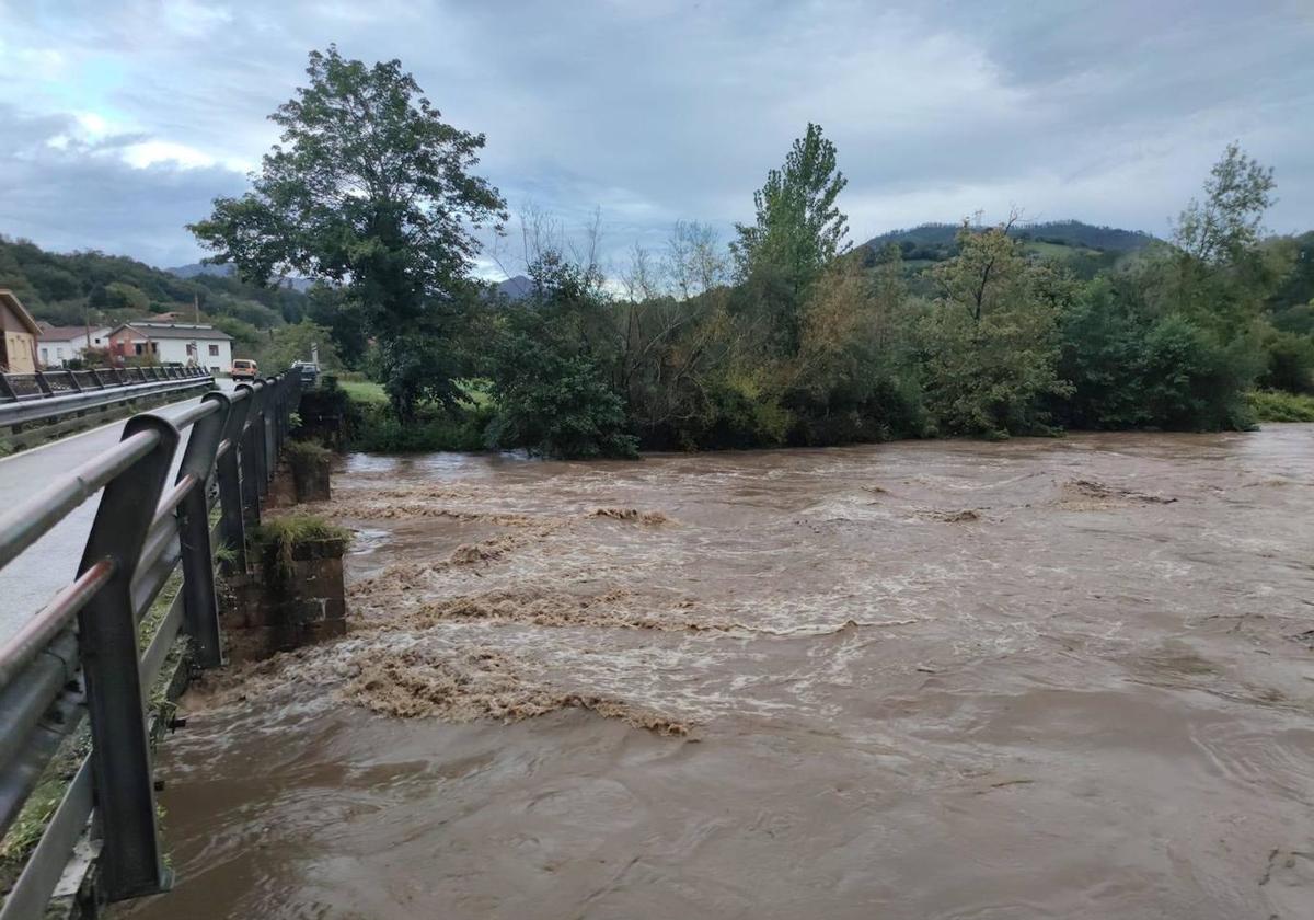 El río Piloña, muy crecido en las cercanías de su confluencia con el Sella.