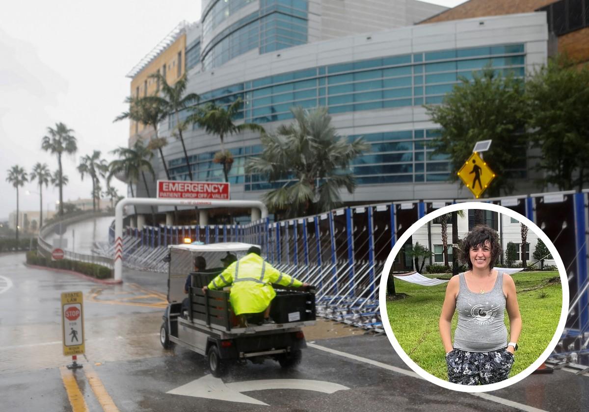 Varias personas revisan desde un vehículo las medidas de seguridad ante el Hospital General de Tampa. En la imagen pequeña, Hari García.