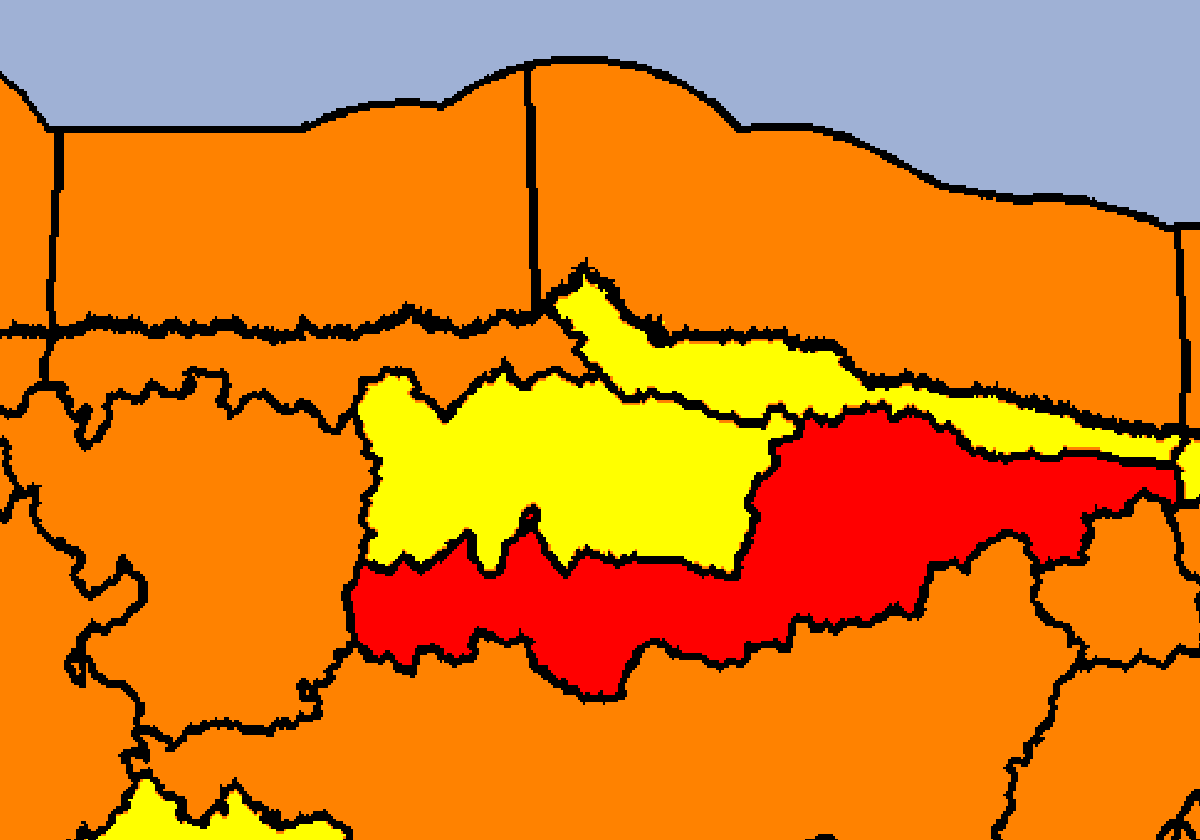 Niveles amarillo, naranja y rojo en Asturias por la borrasca 'ex Kirk'.