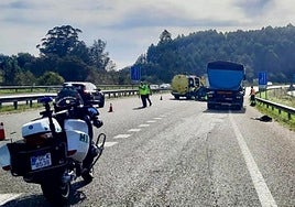 Agentes de la Guardia Civil y Bomberos, en el lugar del accidente, en la carretera AS-II.