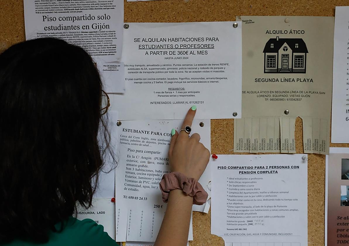 Una joven observa las ofertas de pisos de alquiler colgadas en un tablón en la Universidad.