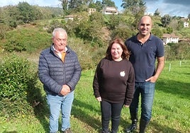 Los cosecheros César Granda y Dolores Huerta con el gerente del Consejo Regulador de la DOP Sidra de Asturias, Daniel Ruiz, en la pumarada Faces que ella cultiva en Coro, en Villaviciosa.